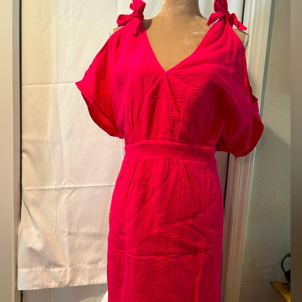 Suzanne Betro Pink Ruffled Midi Dress with Dolman Sleeves